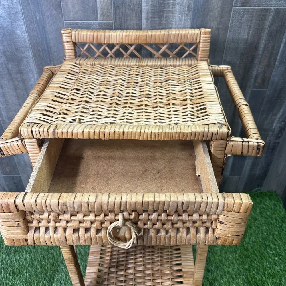 Vintage MCM Wicker Rattan 3 Tier Shelf Bookcase Plant Stand w/ Drawer Boho